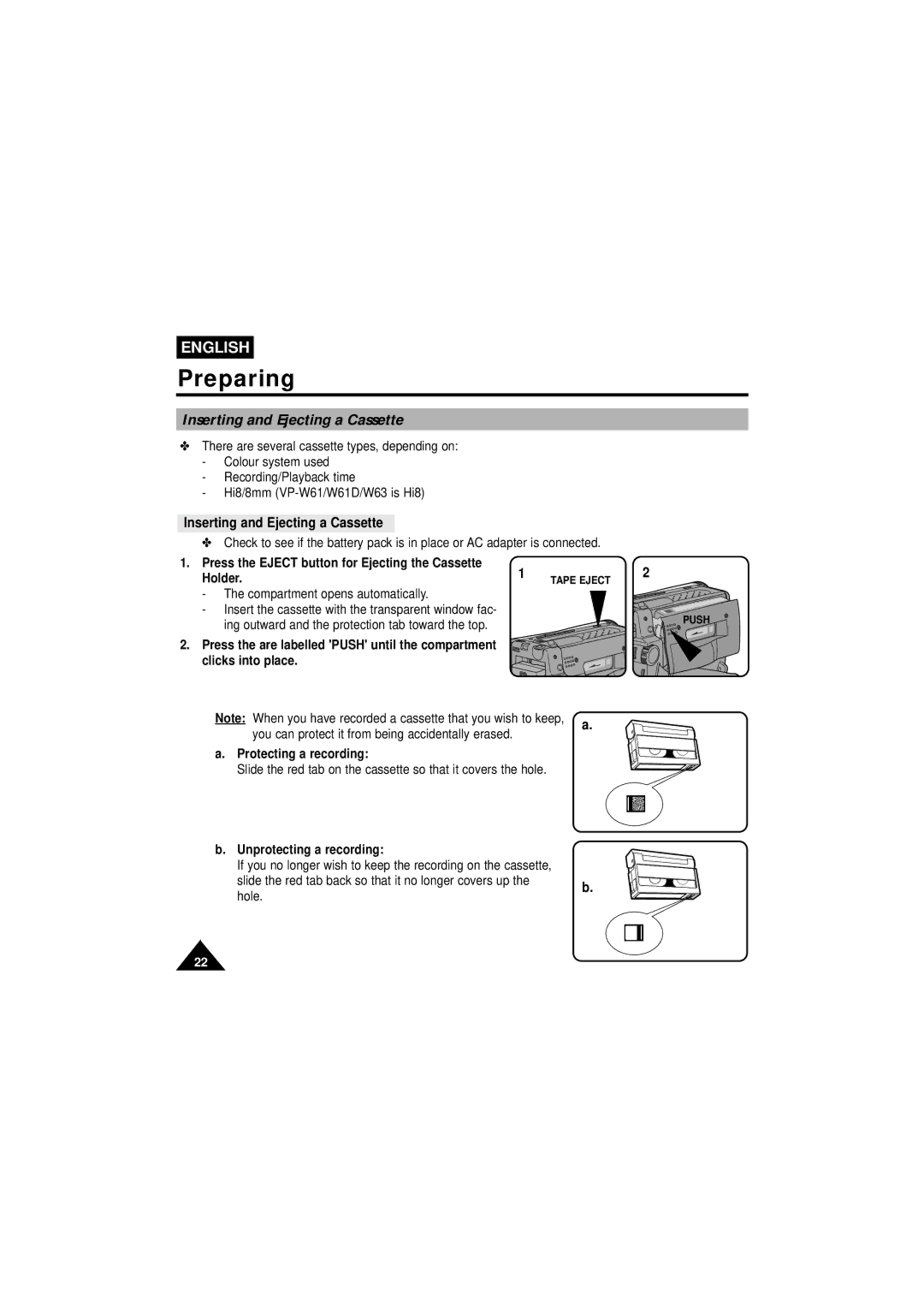 Samsung VP-W63Hi manual Inserting and Ejecting a Cassette, Press the Eject button for Ejecting the Cassette Holder 