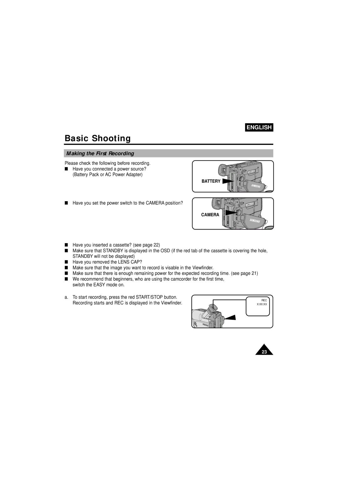 Samsung VP-W63Hi manual Basic Shooting, Making the First Recording 