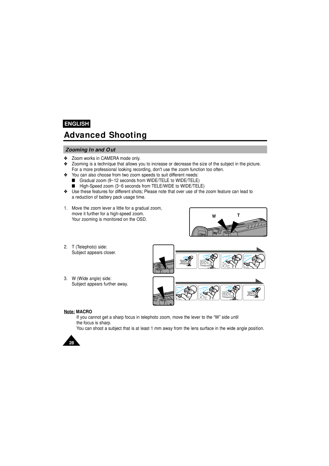 Samsung VP-W63Hi manual Advanced Shooting, Zooming In and Out 