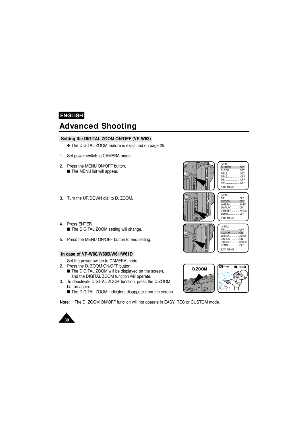 Samsung VP-W63Hi manual Setting the Digital Zoom ON/OFF VP-W63, Case of VP-W60/W60B/W61/W61D 