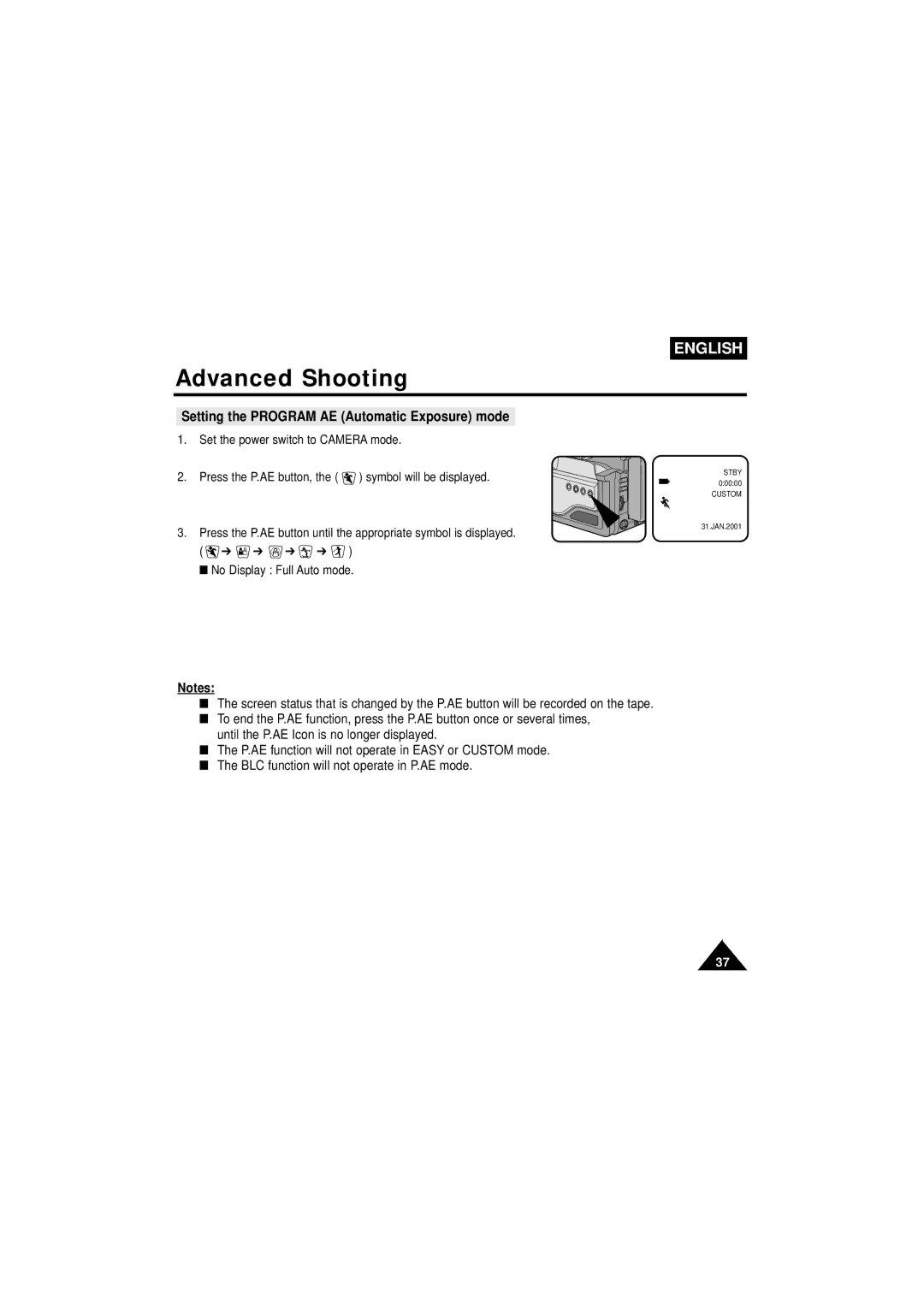 Samsung VP-W63Hi manual Setting the Program AE Automatic Exposure mode 