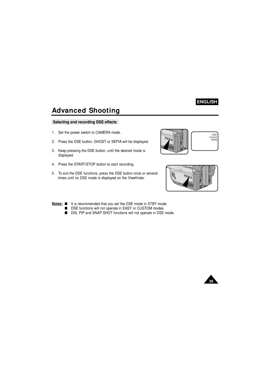 Samsung VP-W63Hi manual Selecting and recording DSE effects 