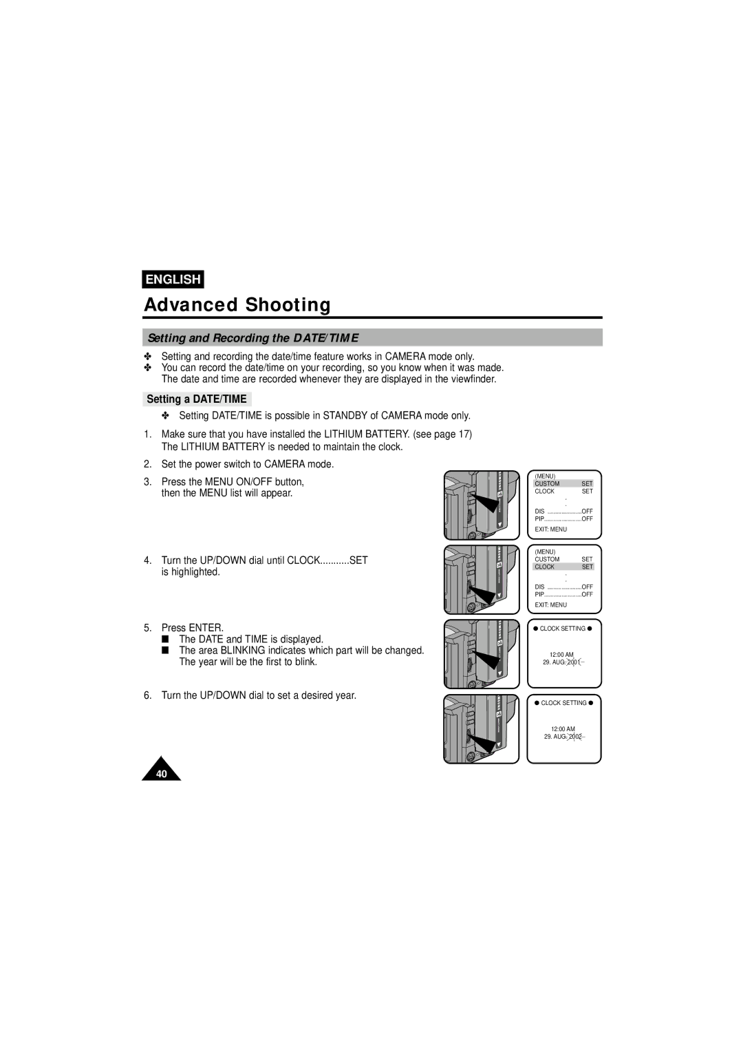 Samsung VP-W63Hi manual Setting and Recording the DATE/TIME, Setting a DATE/TIME 