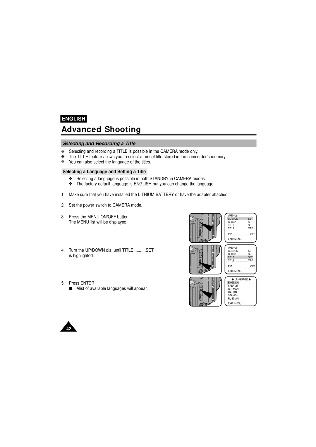 Samsung VP-W63Hi manual Selecting and Recording a Title, Selecting a Language and Setting a Title 