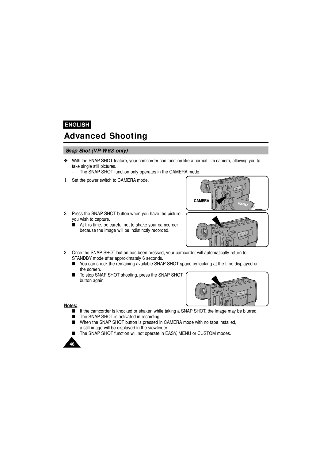 Samsung VP-W63Hi manual Snap Shot VP-W63 only 