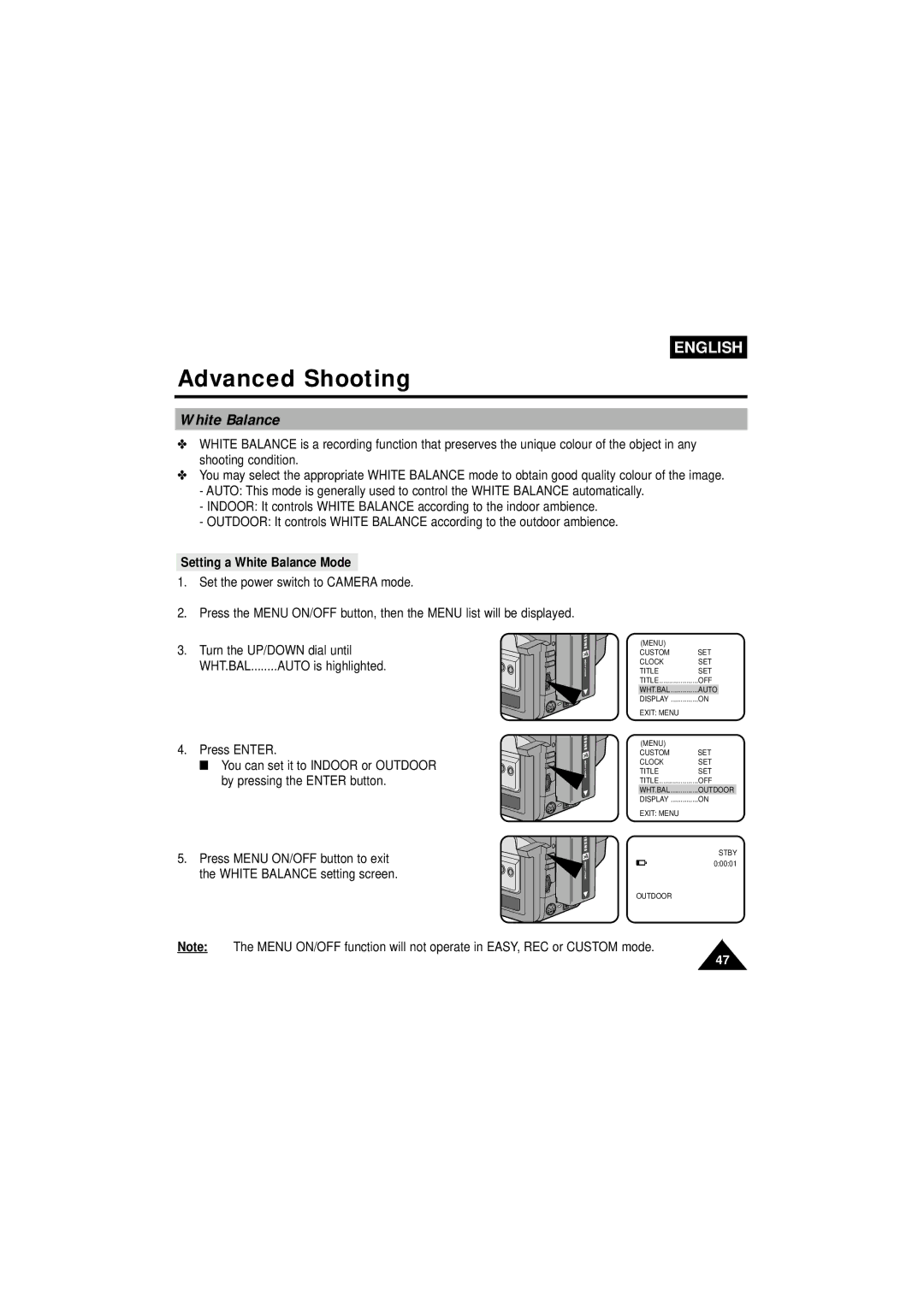 Samsung VP-W63Hi manual Setting a White Balance Mode 