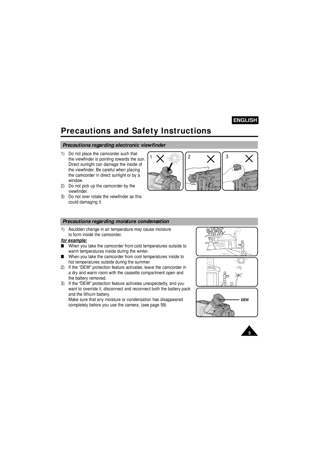 Samsung VP-W63Hi manual Precautions regarding electronic viewfinder, Precautions regarding moisture condensation 