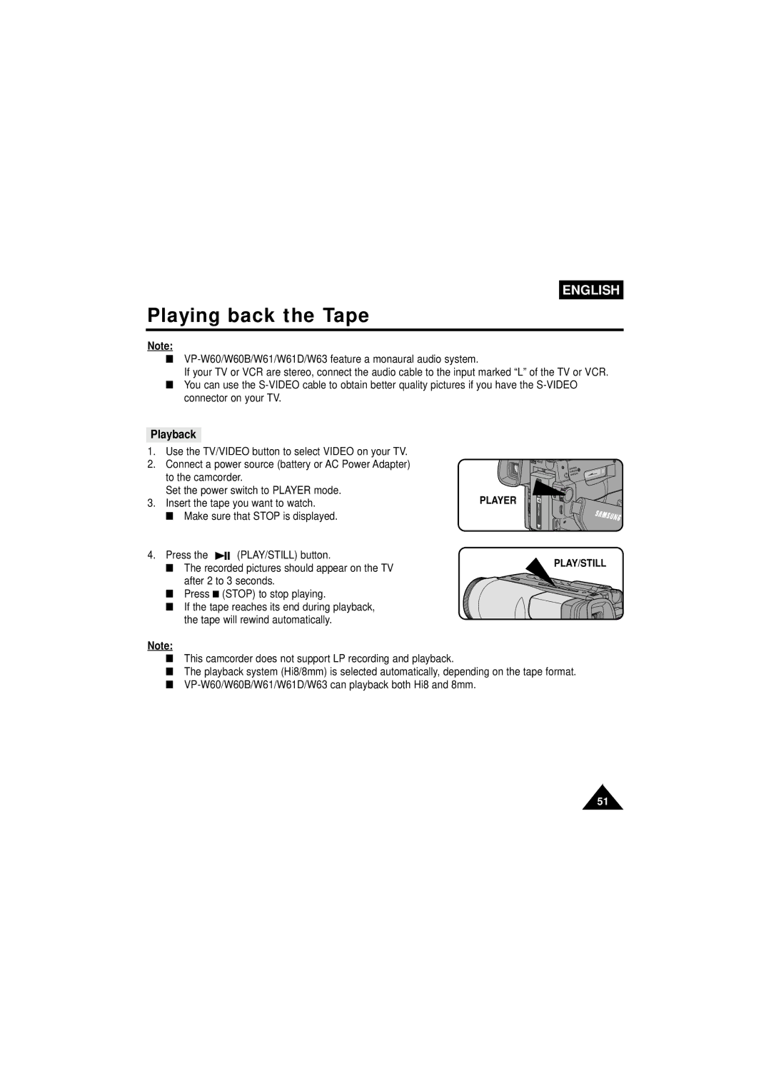 Samsung VP-W63Hi manual Playback, Recorded pictures should appear on the TV 