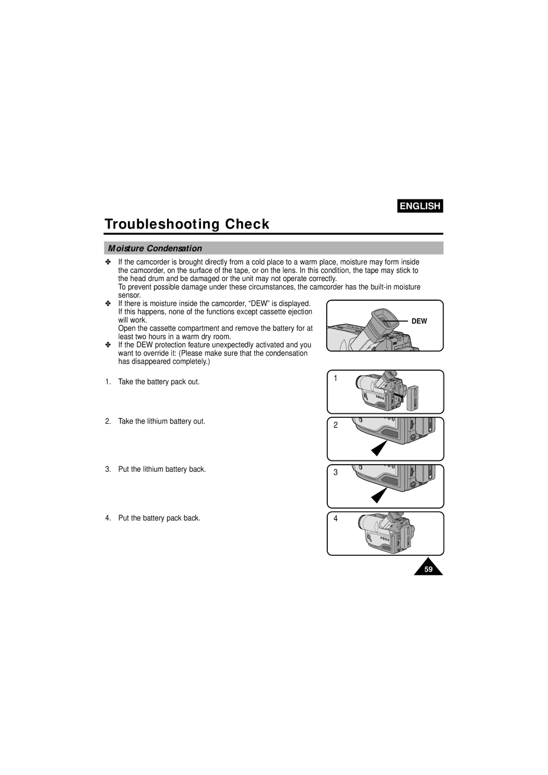 Samsung VP-W63Hi manual Moisture Condensation, Dew 