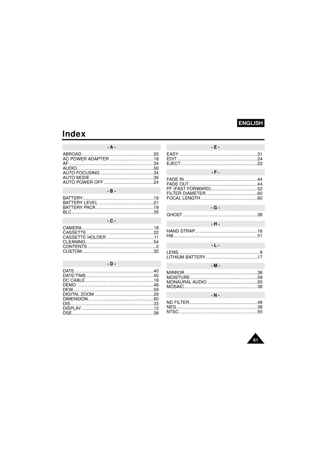 Samsung VP-W63Hi manual Index, FF Fast Forward 