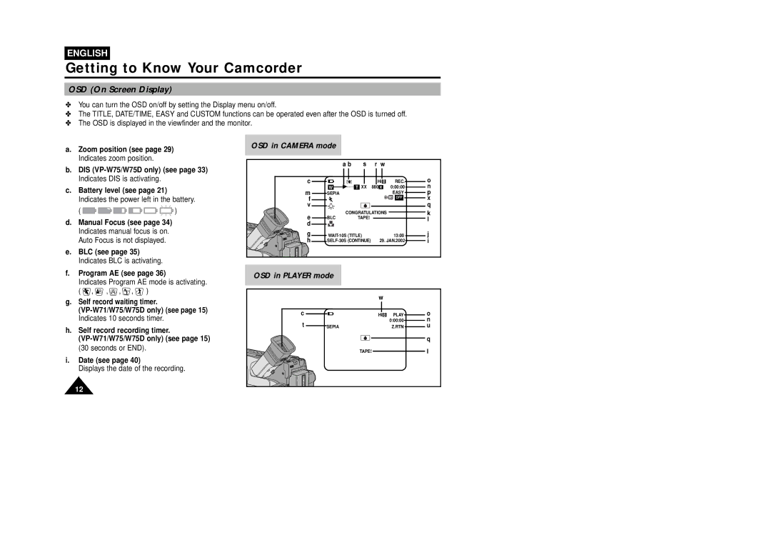 Samsung VP-W75DHI manual OSD On Screen Display 