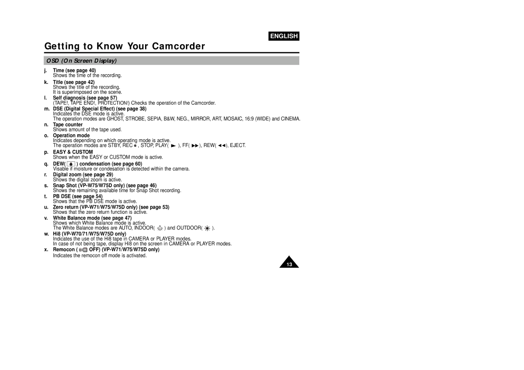 Samsung VP-W75DHI manual Time see, Title see, Self diagnosis see, Tape counter, Operation mode, Easy & Custom, PB DSE see 