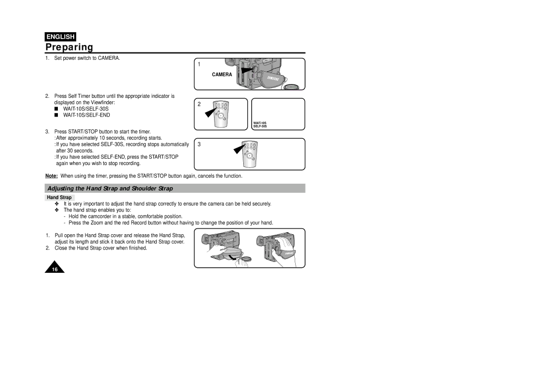 Samsung VP-W75DHI manual Preparing, Adjusting the Hand Strap and Shoulder Strap, Camera 