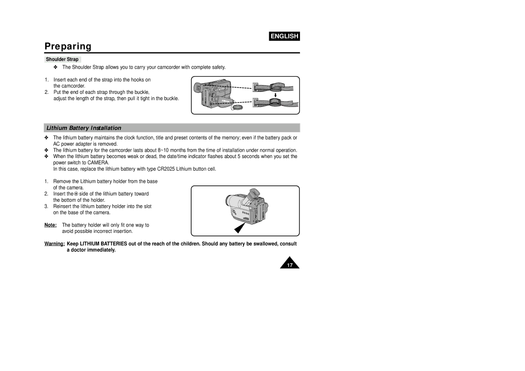 Samsung VP-W75DHI manual Lithium Battery Installation, Shoulder Strap 