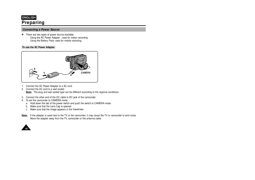 Samsung VP-W75DHI manual Connecting a Power Source, To use the AC Power Adapter 