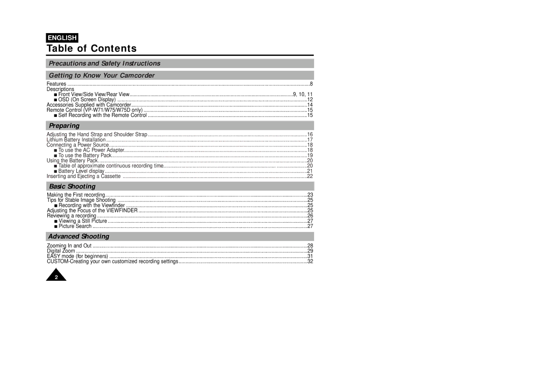 Samsung VP-W75DHI manual Table of Contents 