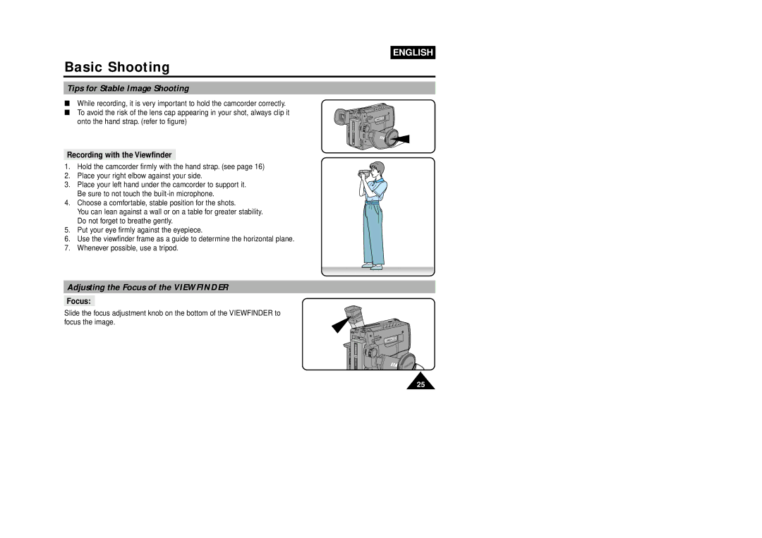 Samsung VP-W75DHI Tips for Stable Image Shooting, Adjusting the Focus of the Viewfinder, Recording with the Viewfinder 