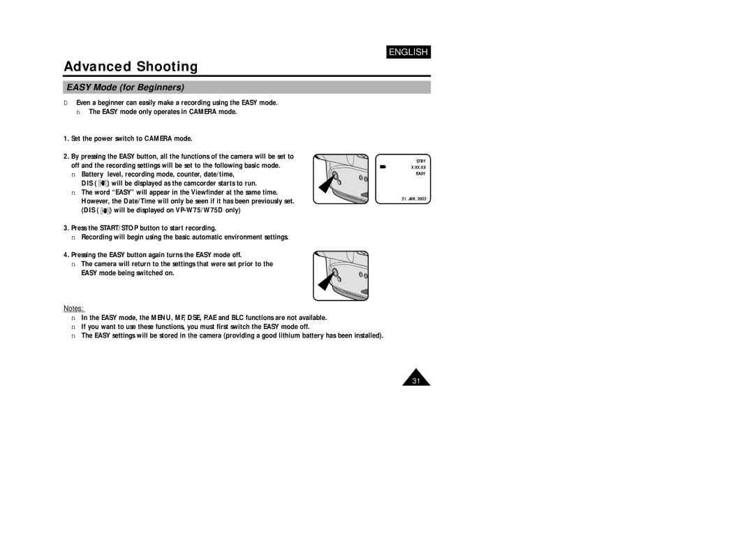 Samsung VP-W75DHI manual Easy Mode for Beginners 