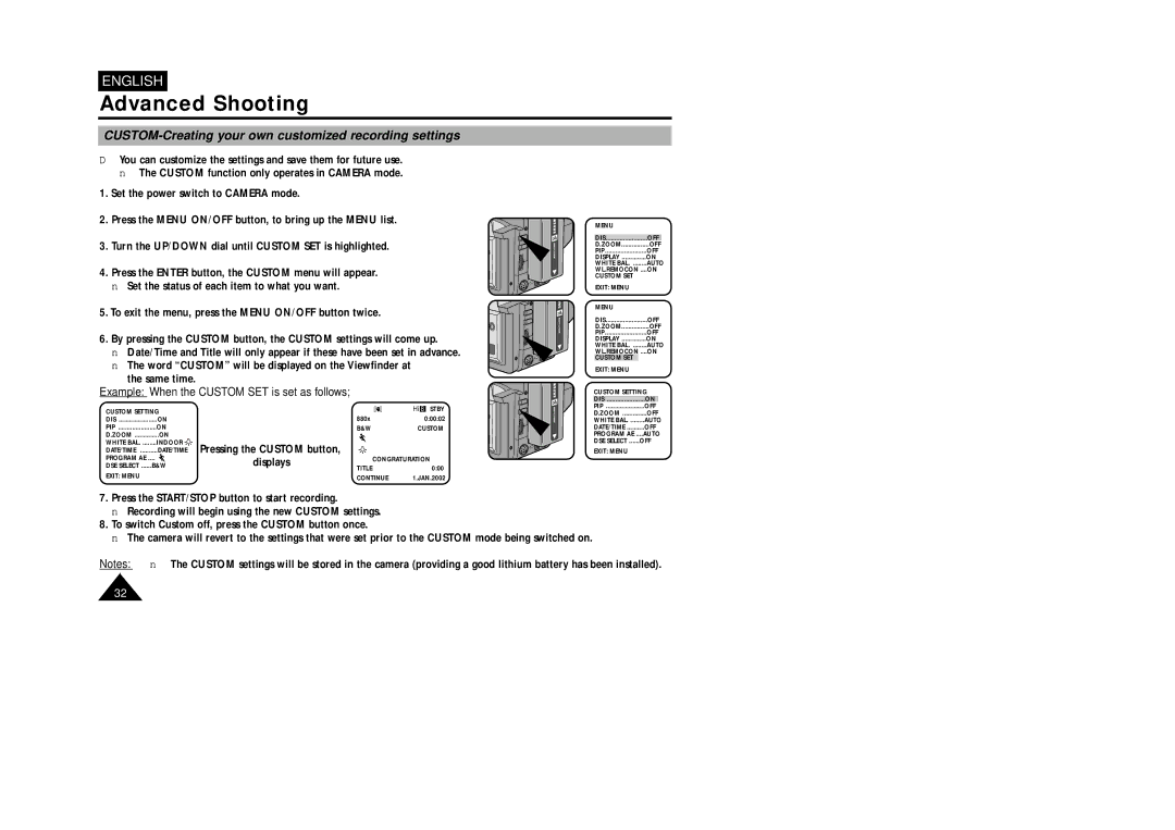 Samsung VP-W75DHI CUSTOM-Creating your own customized recording settings, Example When the Custom SET is set as follows 