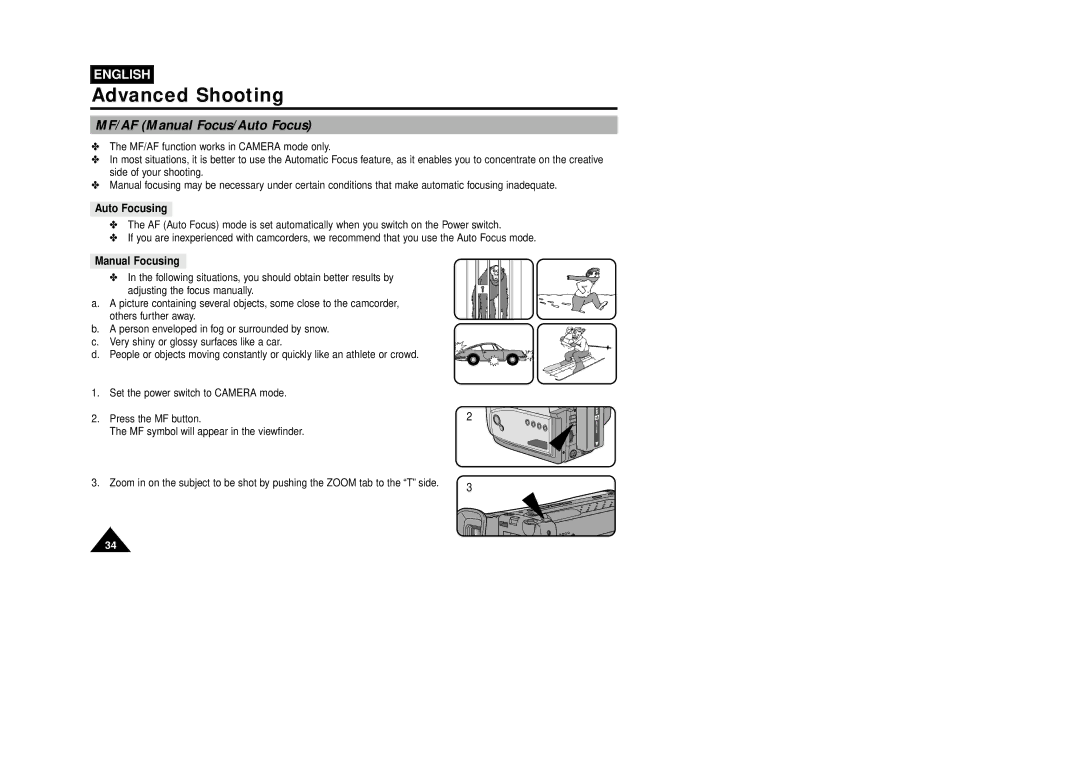 Samsung VP-W75DHI manual Auto Focusing, Manual Focusing 