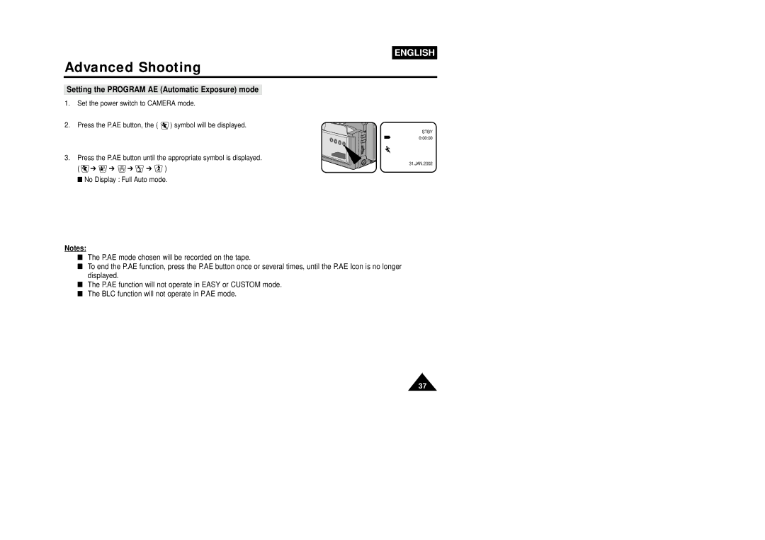 Samsung VP-W75DHI manual Setting the Program AE Automatic Exposure mode 