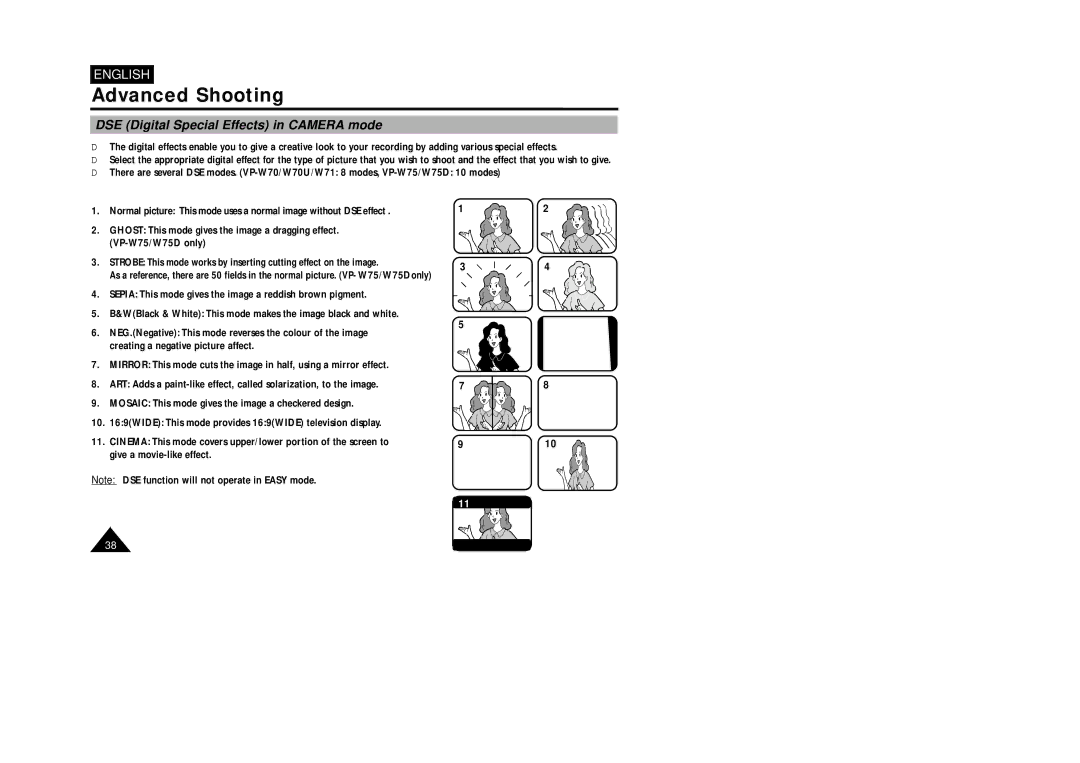 Samsung VP-W75DHI manual DSE Digital Special Effects in Camera mode 