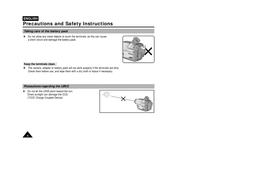 Samsung VP-W75DHI Precautions and Safety Instructions, Taking care of the battery pack, Precautions regarding the Lens 