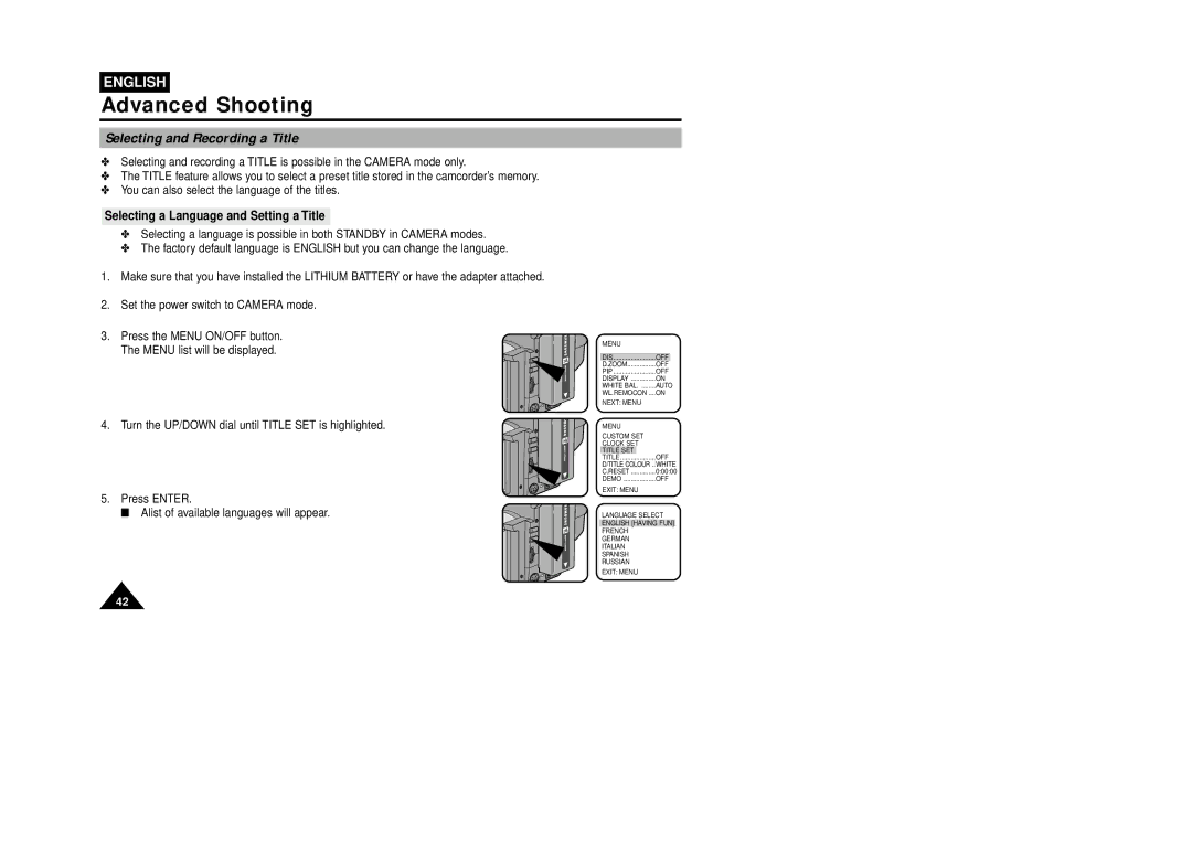 Samsung VP-W75DHI manual Selecting and Recording a Title, Selecting a Language and Setting a Title 