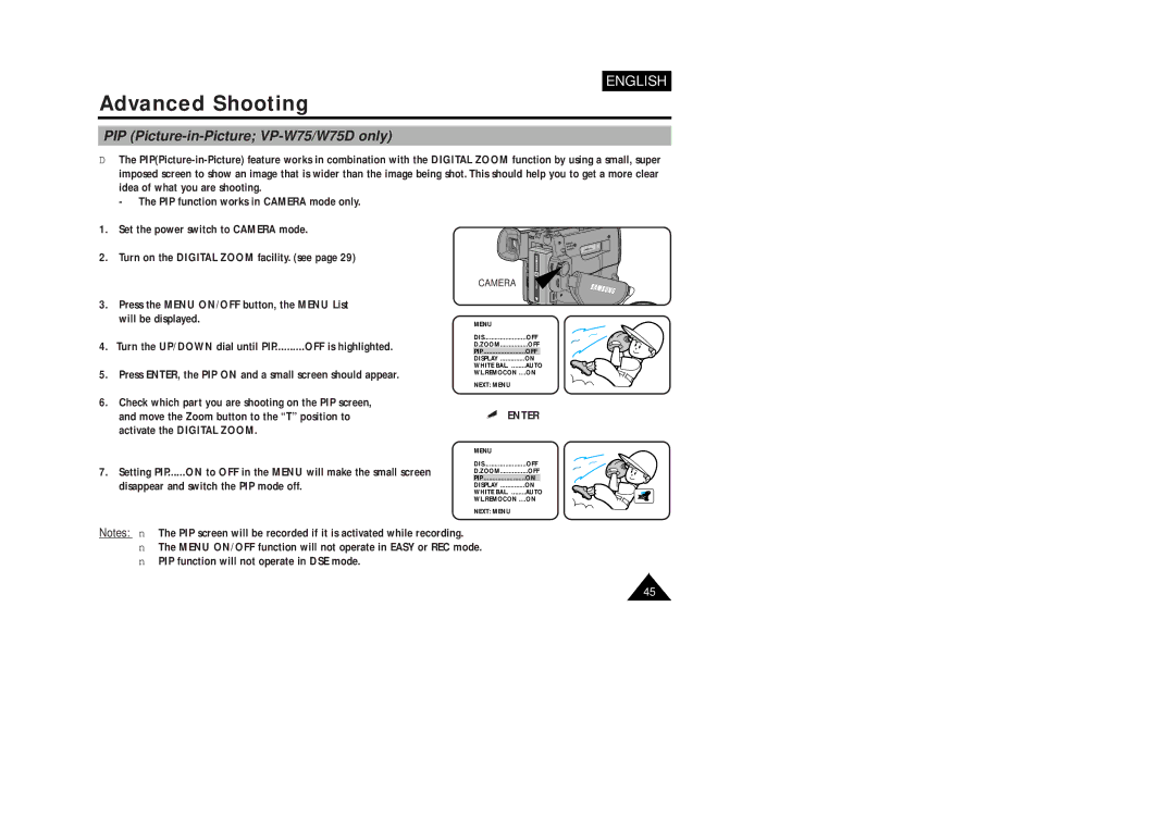 Samsung VP-W75DHI manual PIP Picture-in-Picture VP-W75/W75D only 