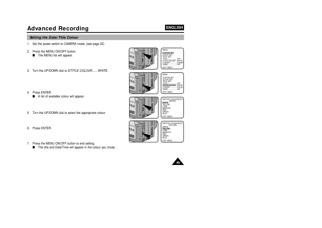 Samsung VP-W75DHI manual Advanced Recording, Setting the Date/Title Colour 