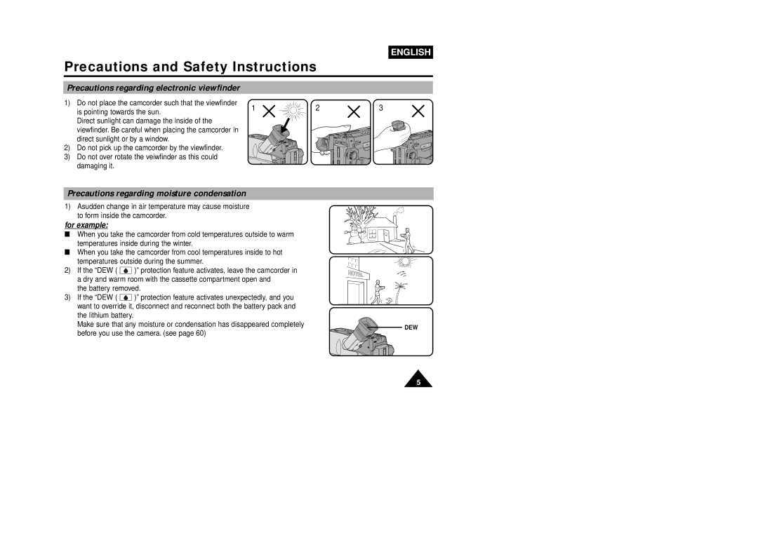 Samsung VP-W75DHI manual Precautions regarding electronic viewfinder, Precautions regarding moisture condensation 