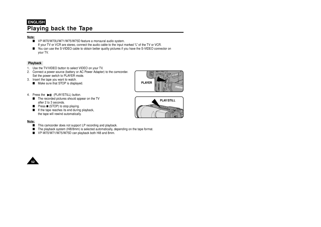 Samsung VP-W75DHI manual Playing back the Tape, Playback, Play/Still 