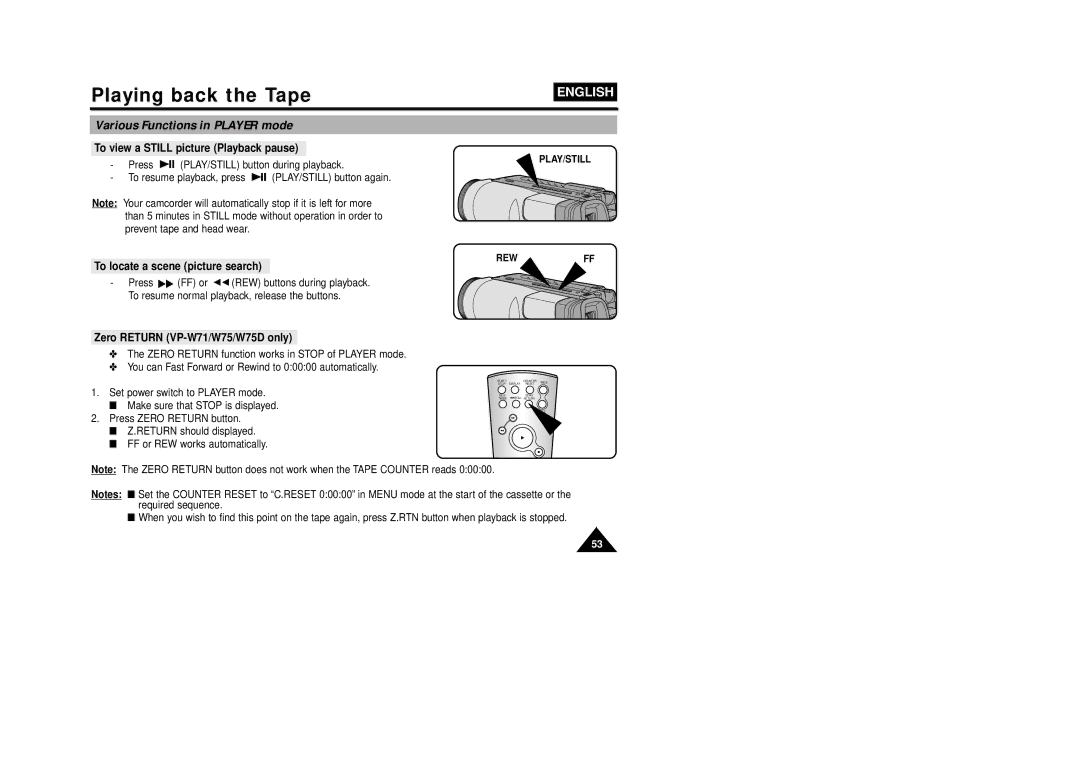 Samsung VP-W75DHI manual Various Functions in Player mode, To view a Still picture Playback pause 