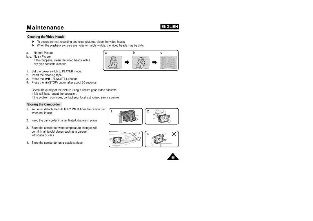 Samsung VP-W75DHI manual Cleaning the Video Heads, Storing the Camcorder 