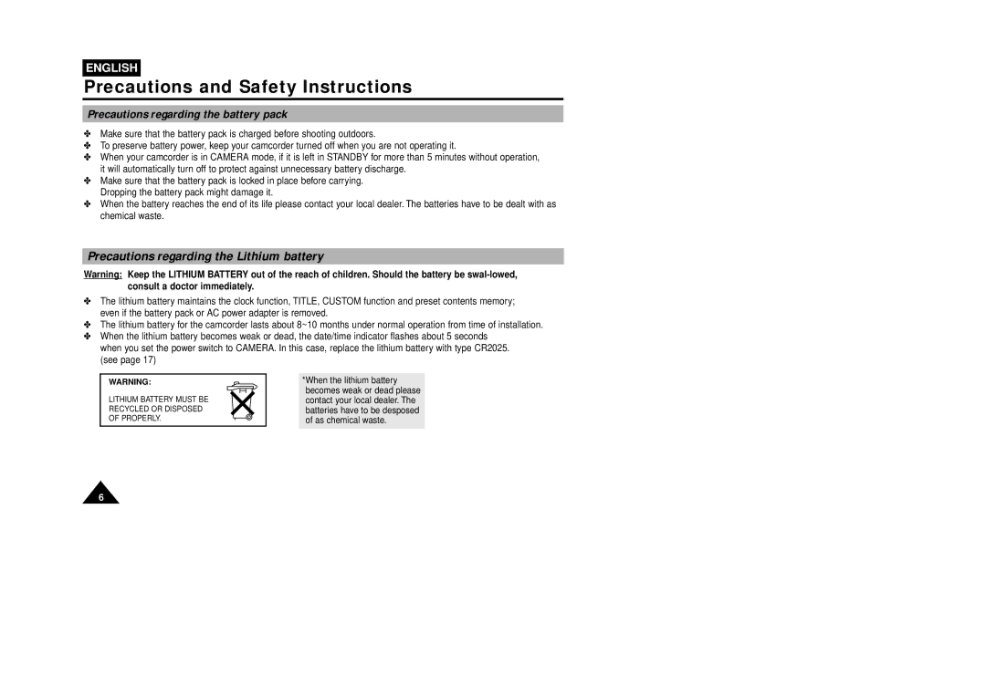 Samsung VP-W75DHI manual Precautions regarding the Lithium battery, Precautions regarding the battery pack 