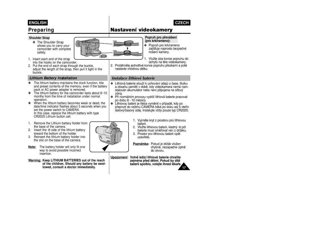 Samsung VP-W87D, VP-W80 manual Lithium Battery Installation, Instalace lithiové baterie, Shoulder Strap 