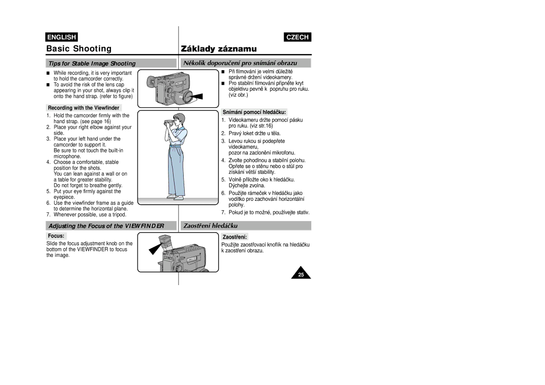 Samsung VP-W87D, VP-W80 manual Tips for Stable Image Shooting, Adjusting the Focus of the Viewfinder, Zaostﬁení hledáãku 