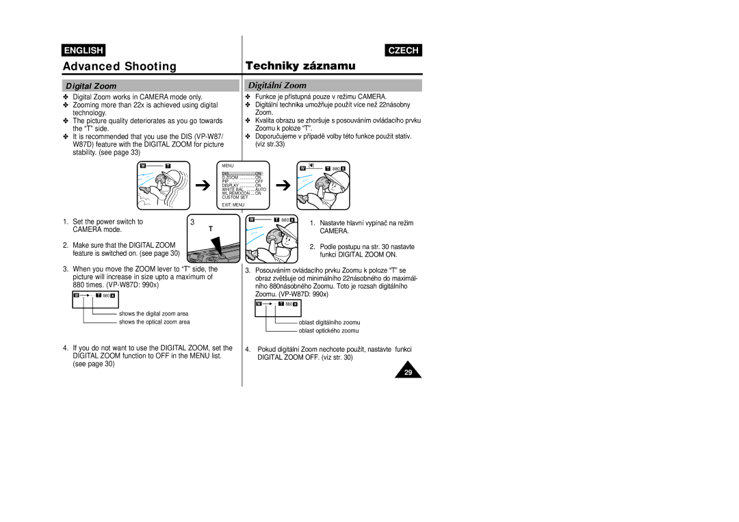 Samsung VP-W87D, VP-W80 manual Advanced Shooting, Techniky záznamu, Digital Zoom 