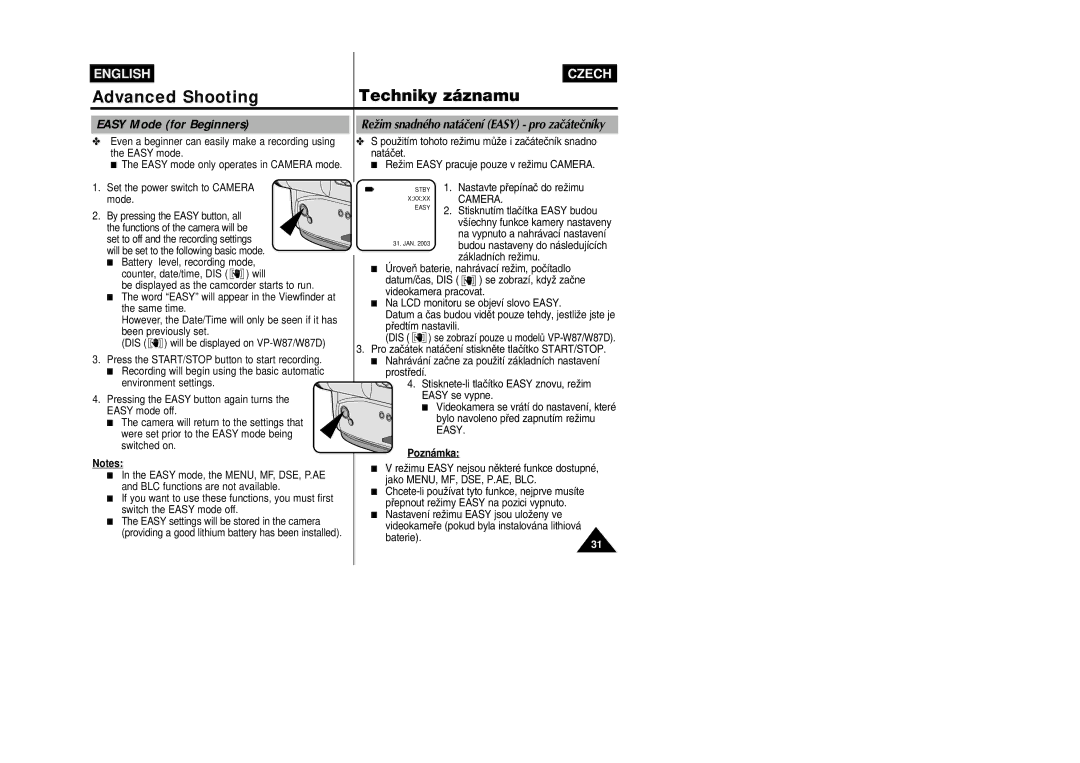 Samsung VP-W87D, VP-W80 manual Easy Mode for Beginners, Poznámka 