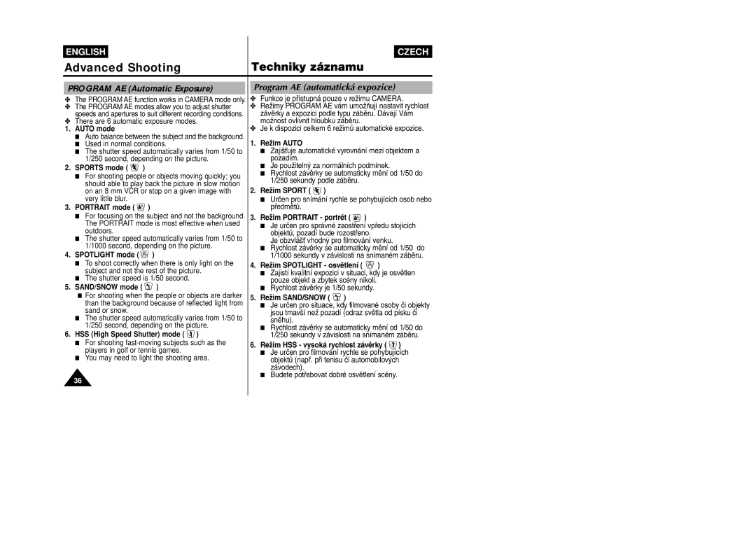 Samsung VP-W80, VP-W87D manual Program AE Automatic Exposure, Program AE automatická expozice 