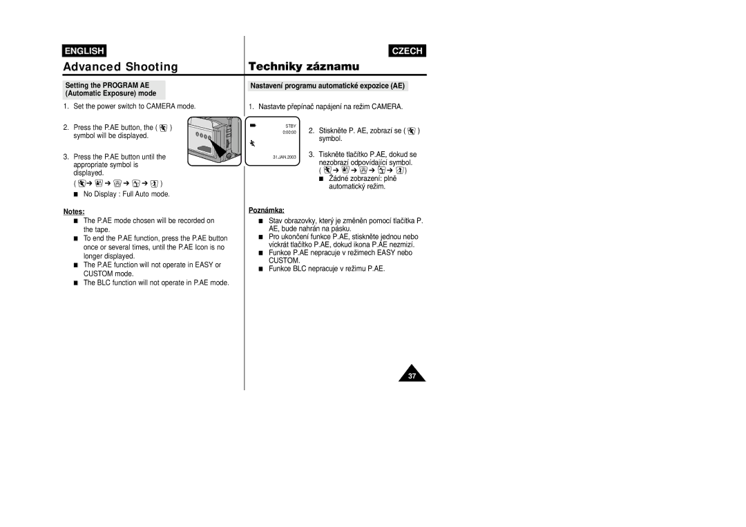 Samsung VP-W87D, VP-W80 manual Setting the Program AE Automatic Exposure mode, Nastavení programu automatické expozice AE 