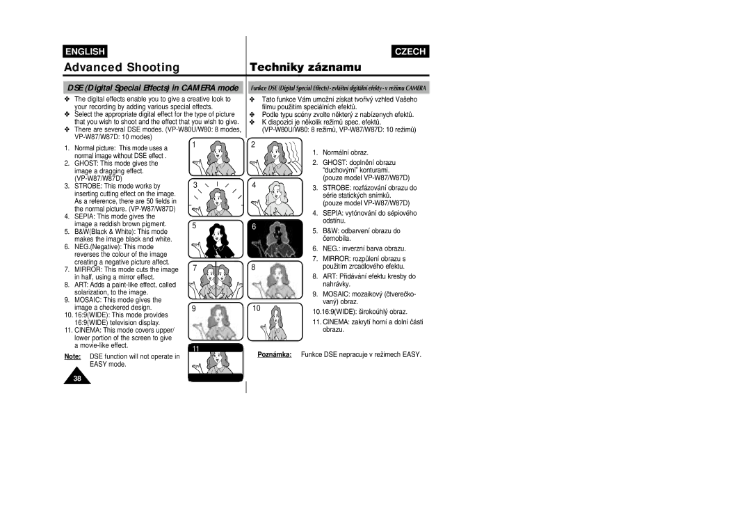 Samsung VP-W80, VP-W87D manual DSE Digital Special Effects in Camera mode, VP-W87/W87D 10 modes 