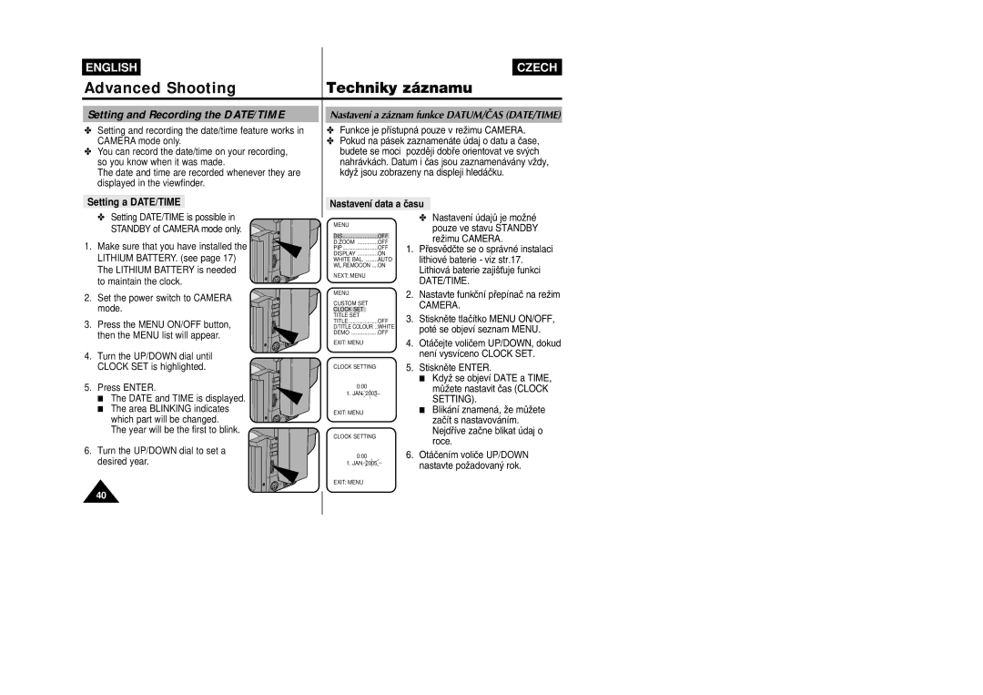 Samsung VP-W80, VP-W87D manual Setting and Recording the DATE/TIME, Nastavení data a ãasu 