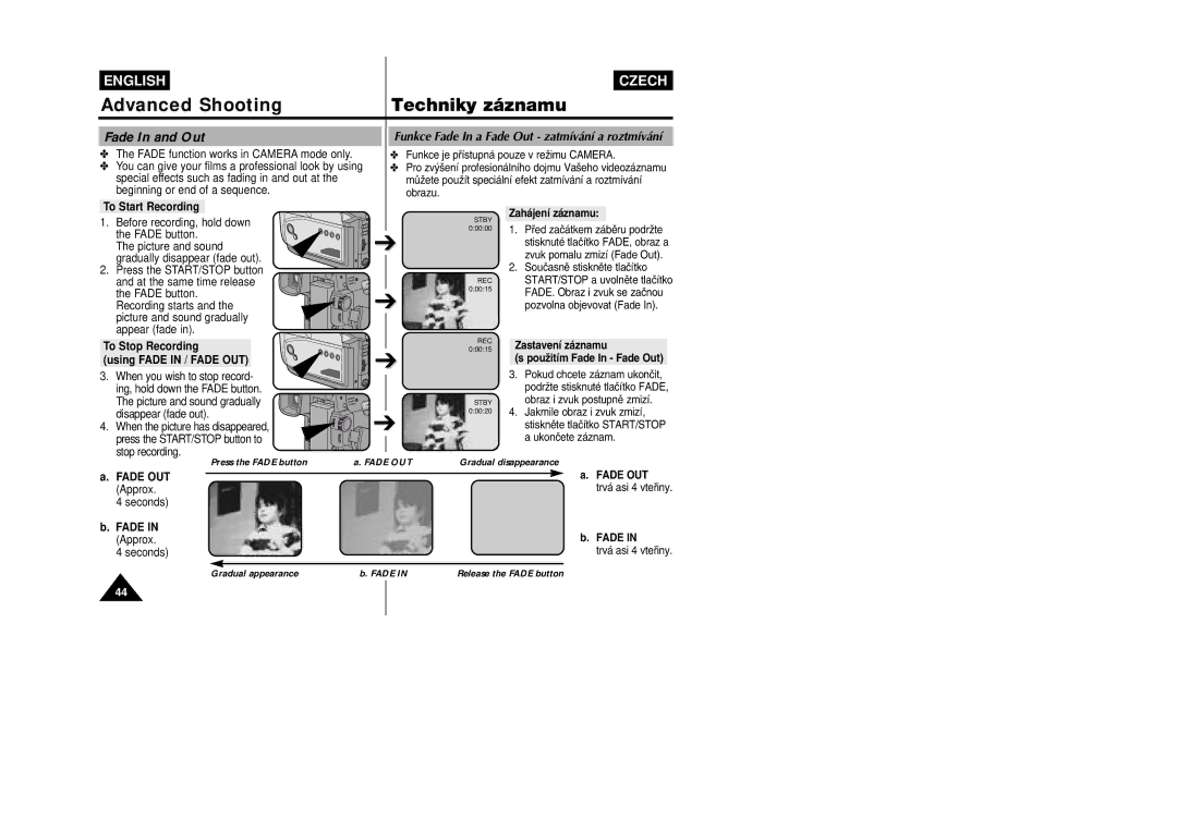 Samsung VP-W80, VP-W87D Fade In and Out, To Start Recording, To Stop Recording Using Fade in / Fade OUT, Fade OUT Approx 