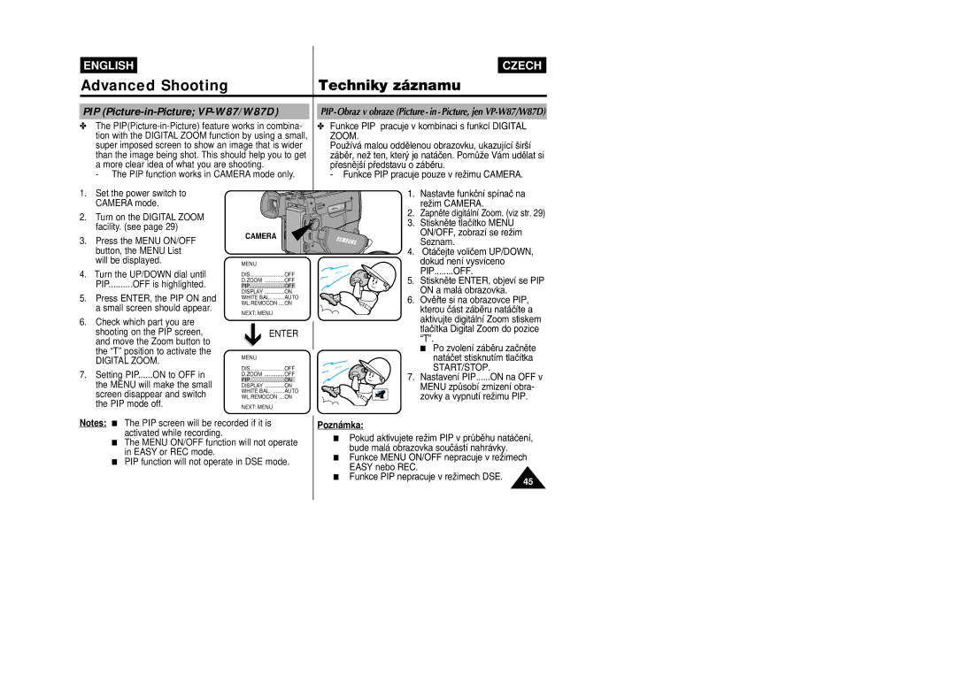 Samsung VP-W87D, VP-W80 manual PIP Picture-in-Picture VP-W87/W87D, PIP function works in Camera mode only 