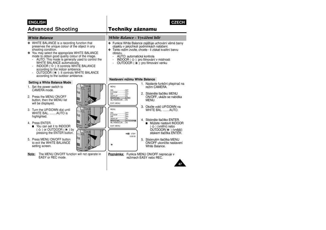 Samsung VP-W87D, VP-W80 manual White Balance VyváÏení bílé, Nastavení reÏimu White Balance, Setting a White Balance Mode 