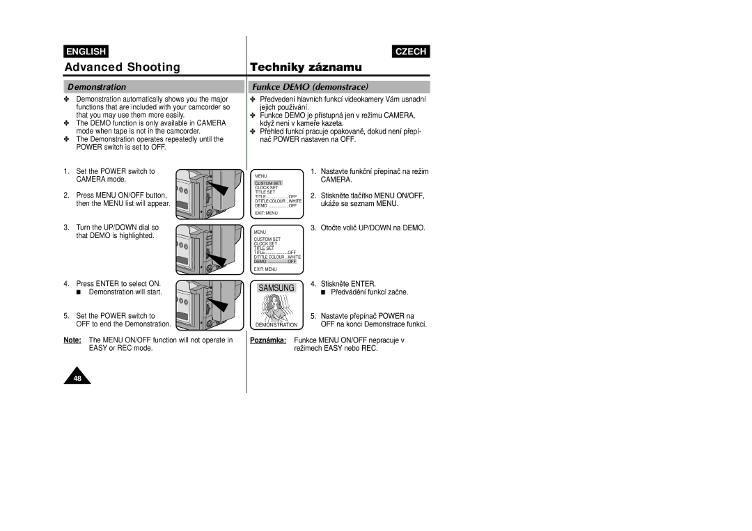 Samsung VP-W80, VP-W87D manual Demonstration, Funkce Demo demonstrace 