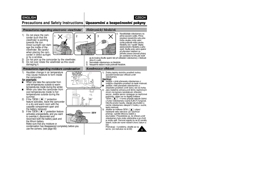 Samsung VP-W87D, VP-W80 manual Precautions regarding electronic viewfinder, Elektronick˘ hledáãek, Kondenzace vlhkosti 