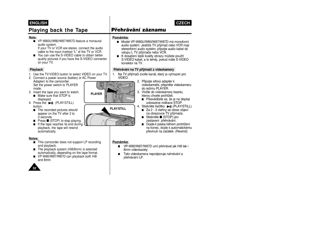 Samsung VP-W87D manual Playback, Pﬁehrávání na TV pﬁijímaãi z videokamery, VP-W80/W87/W87D can playback both Hi8 and 8mm 
