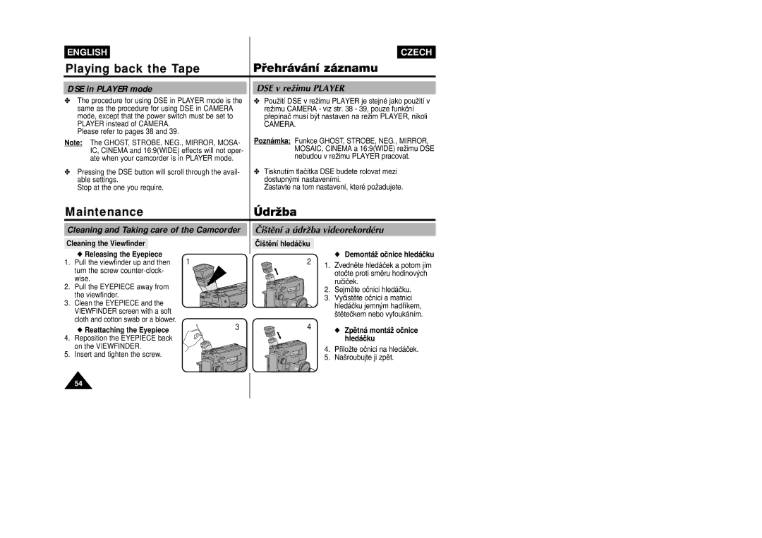 Samsung VP-W80, VP-W87D manual DSE in Player mode, DSE v reÏimu Player, Cleaning and Taking care of the Camcorder 